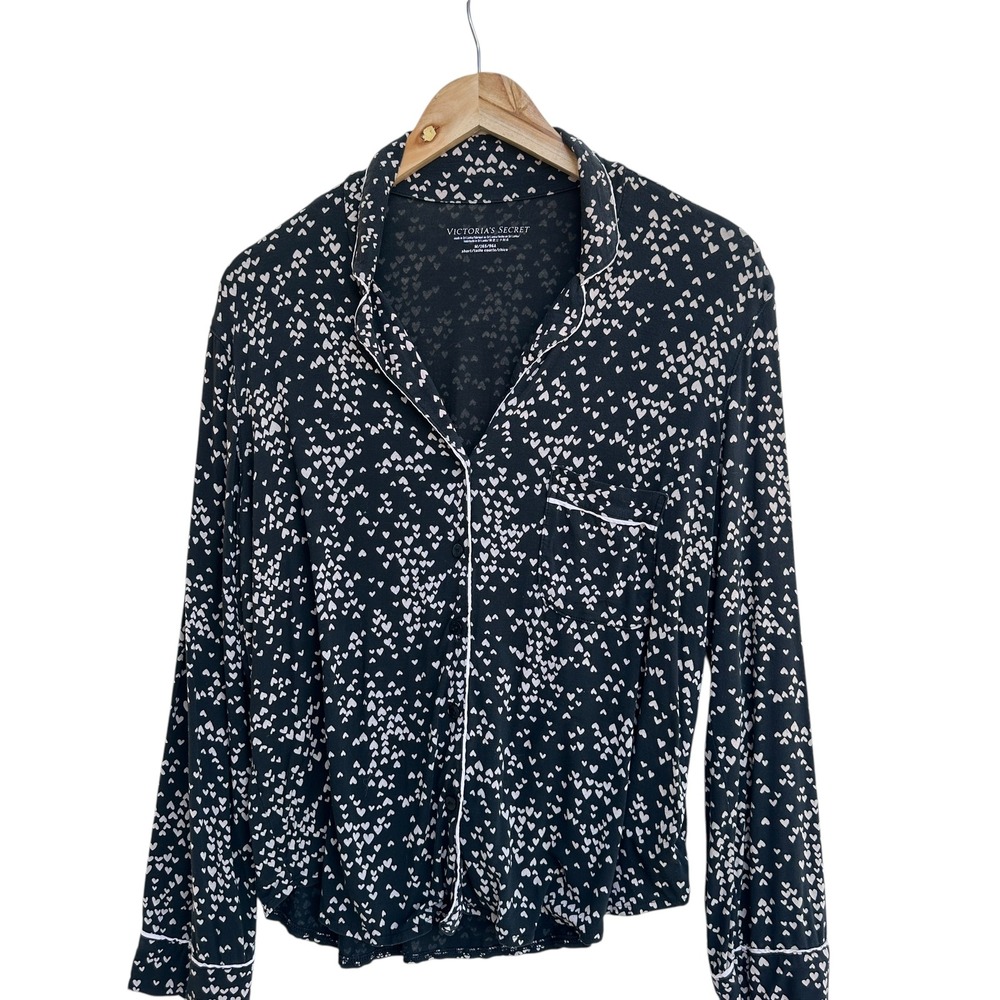 Victoria's Secret Pajama Top Heart Print Sleep Shirt Button Up Black‎ Medium